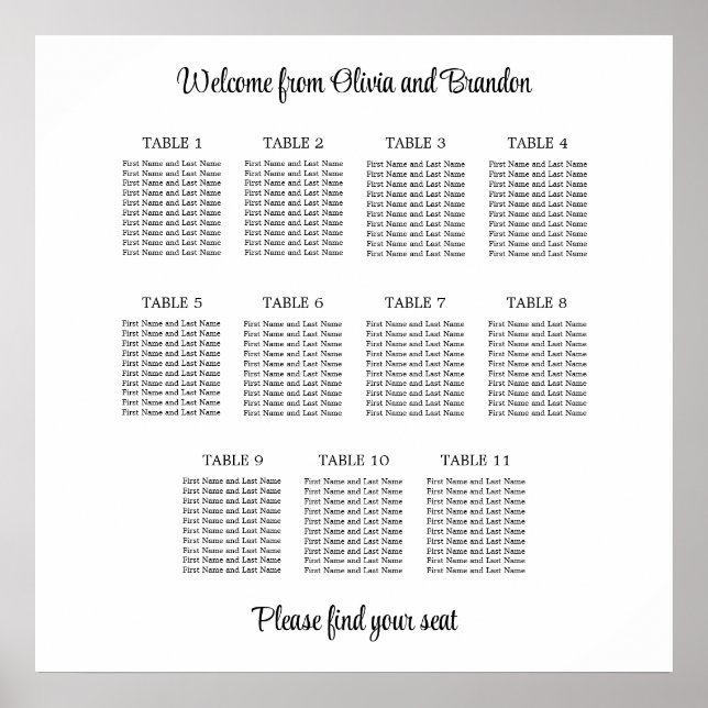 Stilfull 11 bord Wedding Seating Chart Affisch (Framsidan)