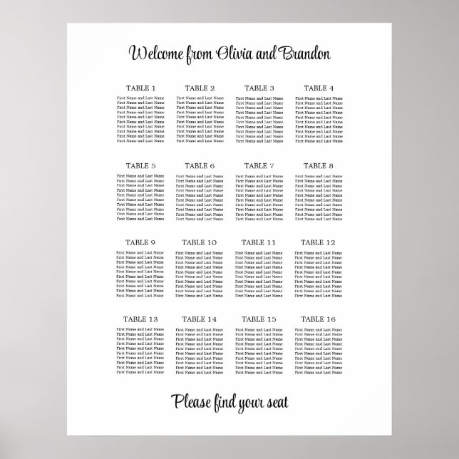 Stilfull 16 bords wedding sittplan poster (Framsidan)