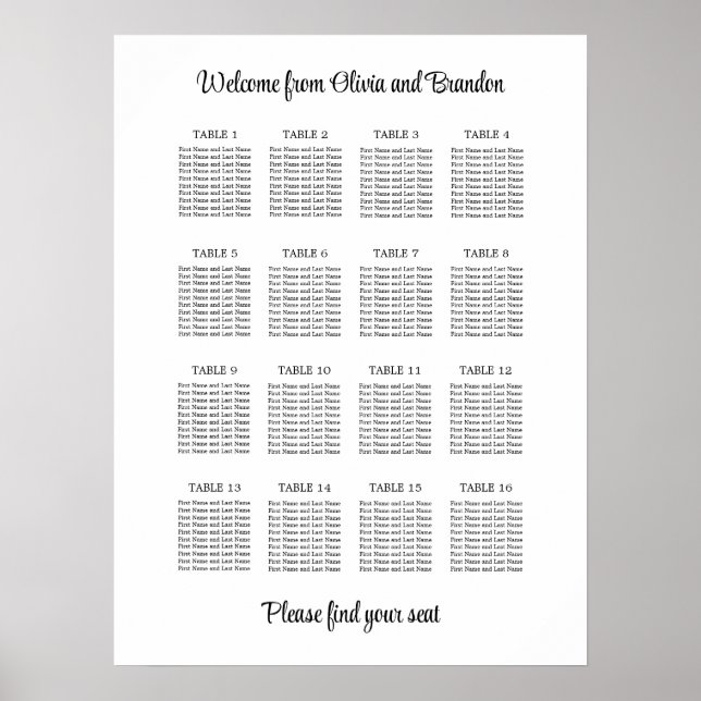 Stilfull 16 bords wedding sittplan poster (Framsidan)