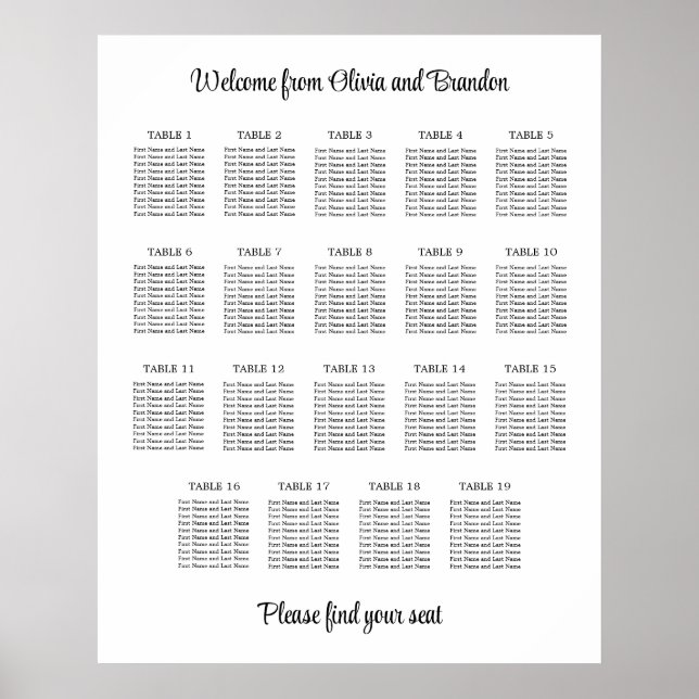 Stilfull 19 bords sittplaneringsaffisch för bröllo poster (Framsidan)
