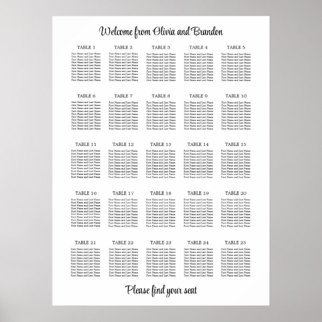 Stilfull 25 bords wedding sittplan poster (Framsidan)