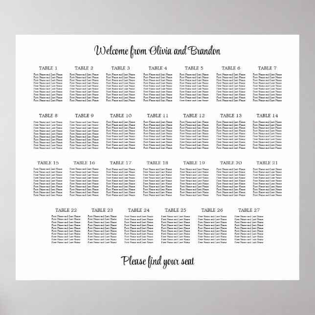 Stilfull 27 bords wedding sittplan poster (Framsidan)