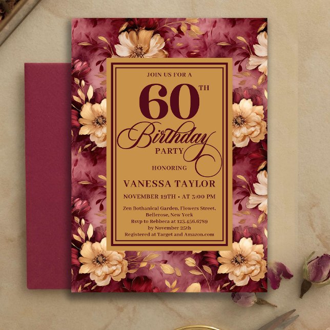 Stilfull 60-årsdag Burgunder Rosa Blommig Guld   Inbjudningar (Stylish 60th Birthday Burgundy Blush Floral Gold Invitation)