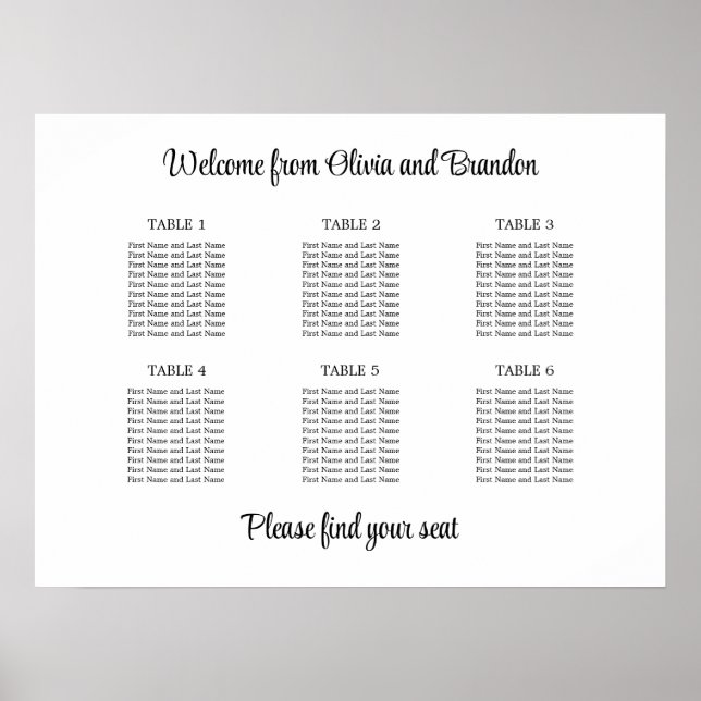Stilfull 6 bords wedding sittplan poster (Framsidan)