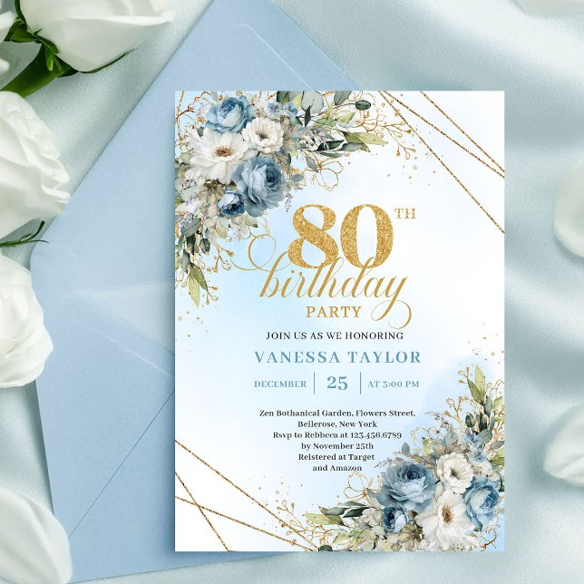 Stilfull 80-års inbjudan dammig blå guld  (Stylish 80th Birthday Invitation Dusty Blue Gold Frame)