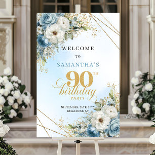 Stilfull akvarell dammig blå guld 90-årsdag poster