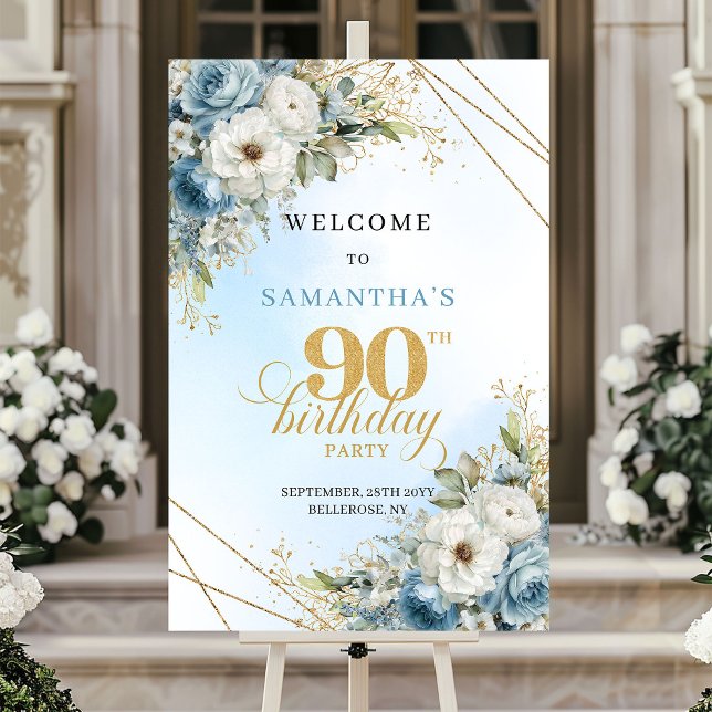 Stilfull akvarell dammig blå guld 90-årsdag  poster (Stylish Watercolor dusty blue gold 90th birthday welcome)