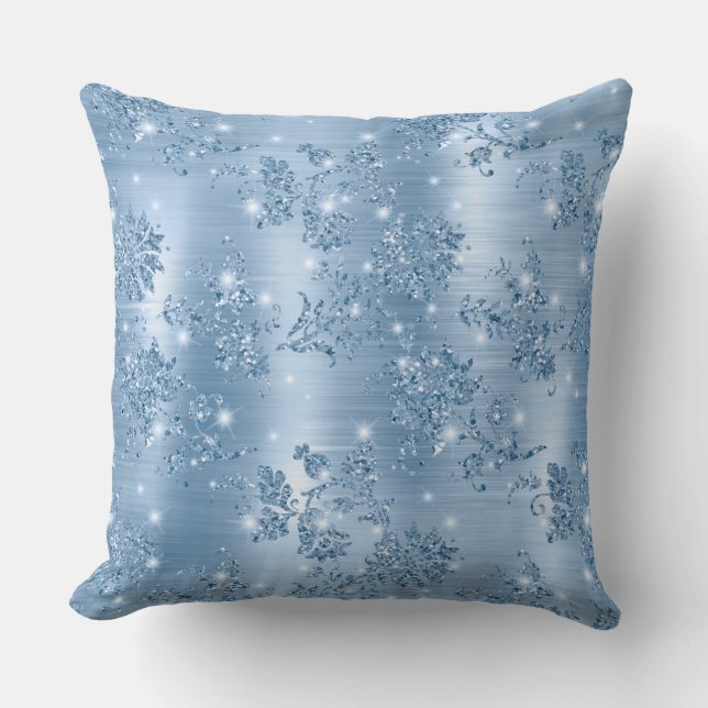 Stilfull babyblå glitter och folie floral kudde (Framsida)
