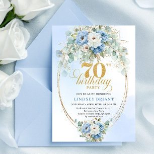Stilfull blå blomstergöt eukalyptus 70-års födelse inbjudningar