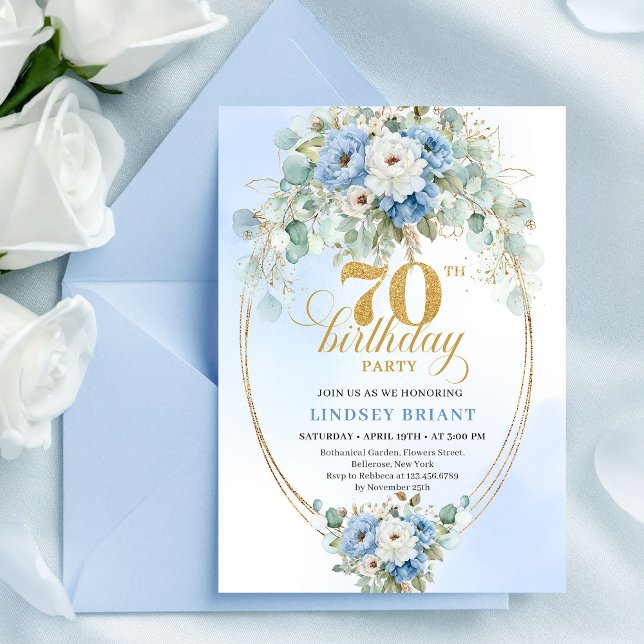 Stilfull blå blomstergöt eukalyptus 70-års födelse inbjudningar (Stylish Blue Floral Eucalyptus 70th Birthday Invites

)