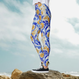 Stilfull blå gul solrosarabesk akvarell leggings