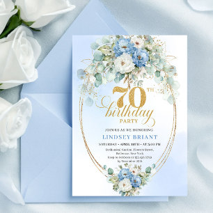 Stilfull blå guldblommig 70-års inbjudan