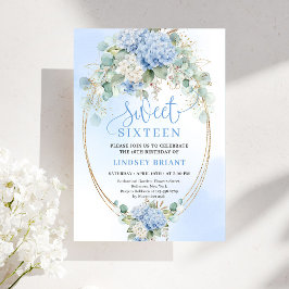 Stilfull blå hortensia med guldfokus Sweet Sixteen Inbjudningar