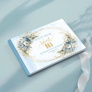 Stilfull blå och guldgrönska Sweet Sixteen gästbok