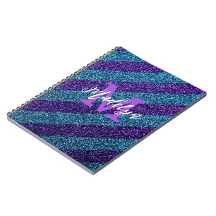 Stilfull blå och lila glitter monogramnamn anteckningsbok