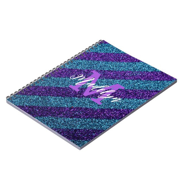 Stilfull blå och lila glitter monogramnamn  anteckningsbok (Vänstra Sidan)
