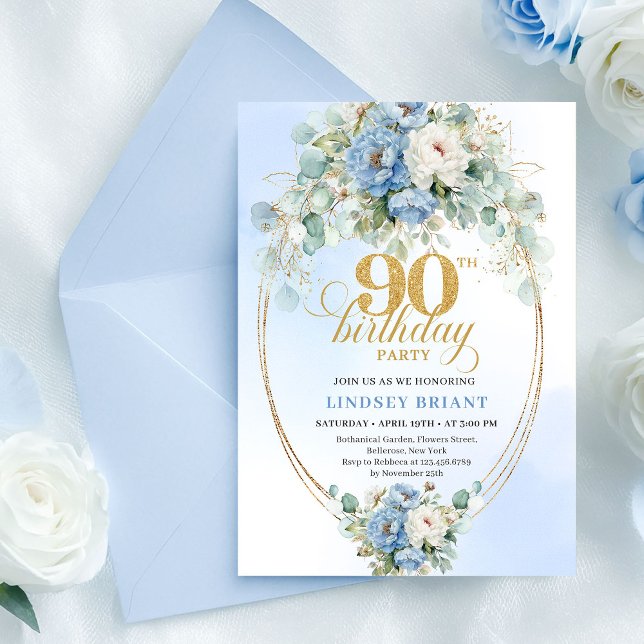 Stilfull blå peony guld ram 90-års födelsedagsinbj inbjudningar (Stylish Blue Peony Gold Frame 90th Birthday Invite

)