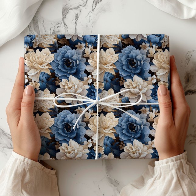 Stilfull blå vit blommig elfenbensfärgad presentfö presentpapper (Stylish Blue White Floral Ivory Gift Wrapping Paper)