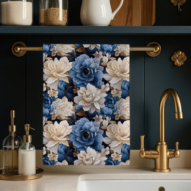 Stilfull blå vit blommig elfenbensvit kökshandduk  (Stylish Blue White Floral Ivory Kitchen Towel Decor)