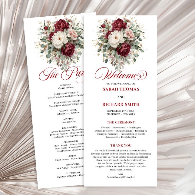 Stilfull Blush Burgunder Grönska Bröllopsprogram Program (Vintage Blush Burgundy Floral Wedding Program)