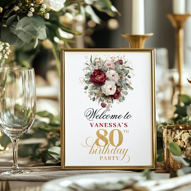 Stilfull Blush Burgundy 80-års Födelsedags Välkoms Poster (Stylish Blush Burgundy 80th Birthday Welcome Poster)