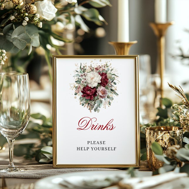 Stilfull Blush Burgundy Dryckeskylt 8x10 Bordsskyl Poster (Stylish Blush Burgundy Drinks 8x10 Tabletop Sign)