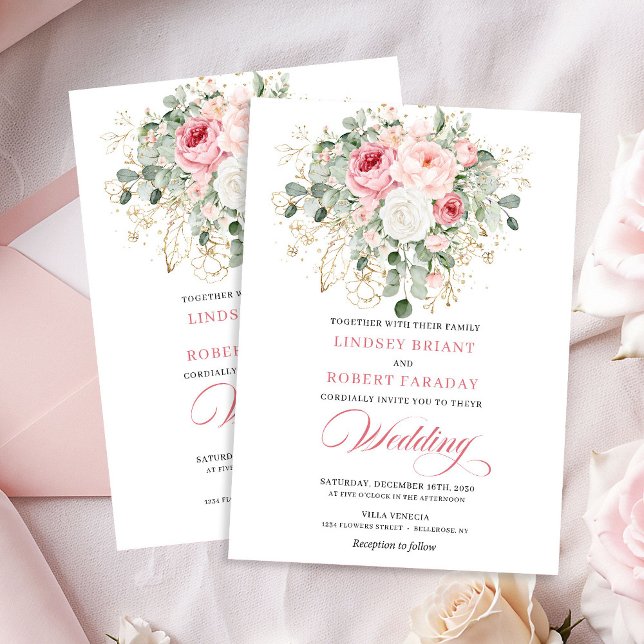 Stilfull Blush Peony Guld Glitter Bröllopsinbjudan Inbjudningar (Stylish Blush Peony Gold Glitter Wedding Invitation)