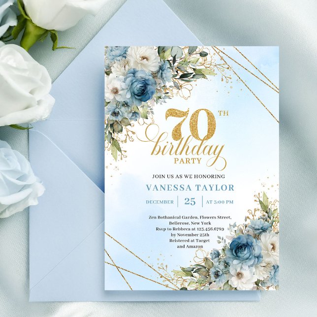 Stilfull bohemisk blå blommig 70-årsdag  inbjudningar (Stylish bohemian blue florals gold 70th birthday invite

)