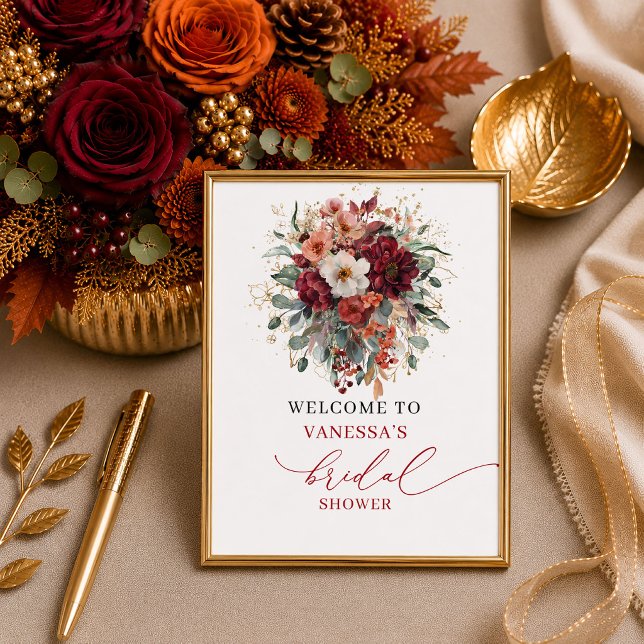 Stilfull bohemisk burgunderfärgad blommande bröllo poster (Stylish bohemian burgundy floral bridal shower welcome sign

)