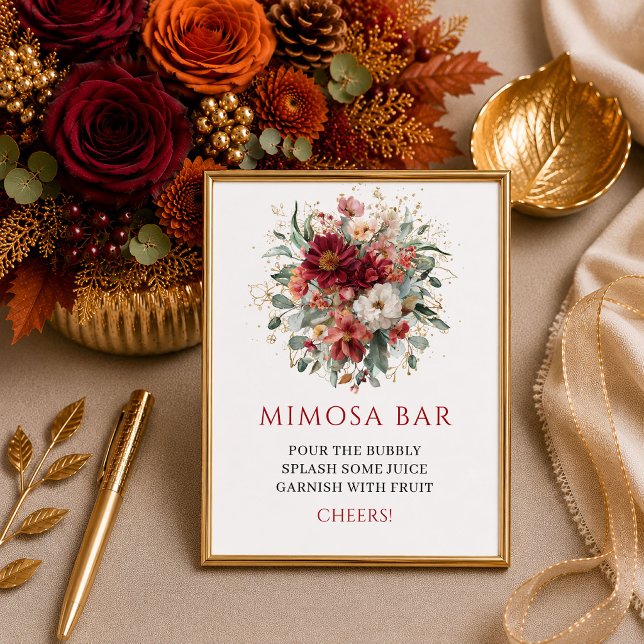 Stilfull bohemisk burgunderfärgad blomstergrönska  poster (Stylish bohemian burgundy floral greenery mimosa bar sign style

)