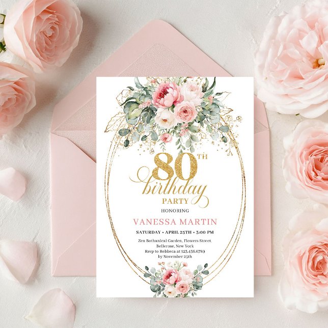 Stilfull bohemisk rosafärgade rosor 80-års födelse inbjudningar (Stylish Bohemian Blush Roses 80th Birthday Invitation

)