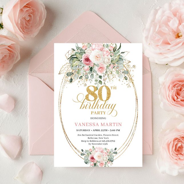Stilfull bohemisk roséblommig minimal 80-årsdag inbjudningar (Stylish Bohemian Blush Floral Minimal 80th Birthday)