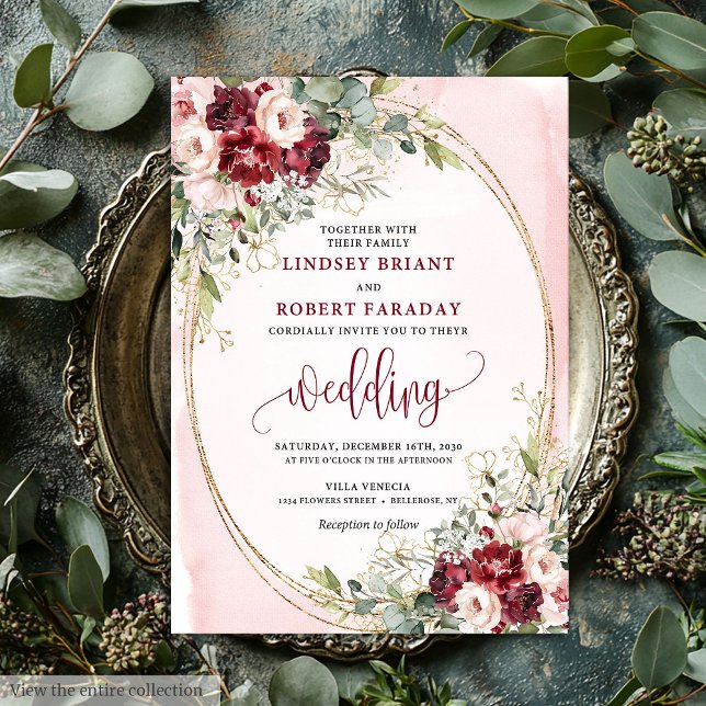 Stilfull Boho Burgunder Rosa Guld Blommig Inbjudan (Stylish Boho Burgundy Blush Gold Floral Invitation)