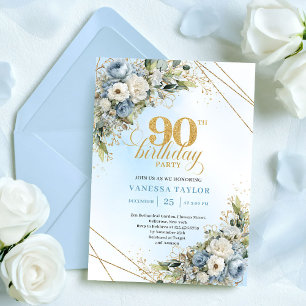 Stilfull Boho Dammtor Blue Guldaccent 90-årsdag Inbjudningar
