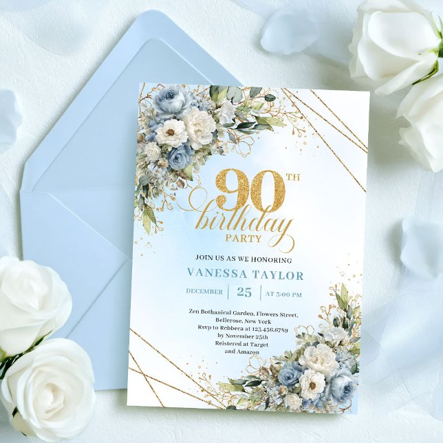 Stilfull Boho Dammtor Blue Guldaccent 90-årsdag Inbjudningar (Stylish Dusty Blue Gold Accent 90th Birthday Invite

)