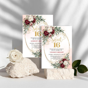Stilfull Boho Marsala Blommig Guld Sweet 16 Födels Inbjudningar