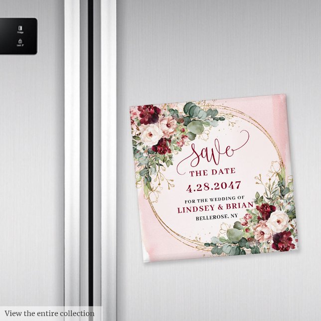 Stilfull Boho Merlot Rosa Guld Blommig Spara Datum Magnet (Stylish Boho Merlot Blush Gold Floral Save the Date Magnet

)