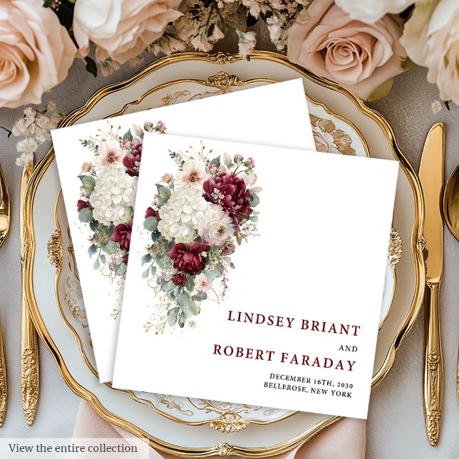 Stilfull Boho Merlot Rosenskär Guld Rosor Bröllop Pappersservett (Stylish Boho Merlot Blush Sage Gold Roses Wedding Paper Dinner Napkins)