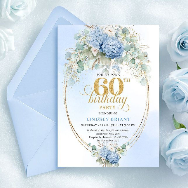 Stilfull Boho Pastell Blå Grönska 60-års Födelseda Inbjudningar (Stylish Boho Pastel Blue Greenery 60th Birthday)