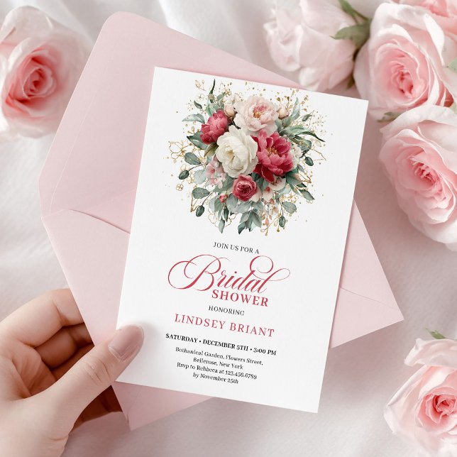 Stilfull Boho Röd Vit Guld Blommig Bröllopsfest   Inbjudningar (Stylish Boho Red White Gold Floral Bridal Shower Card

)