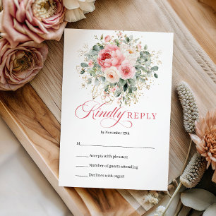 Stilfull Boho Rosé Blommig Guld Bröllop RSVP Desig OSA Kort