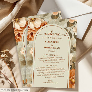Stilfull Boho Rostig Elfenbensgrön Floral Bröllops Program