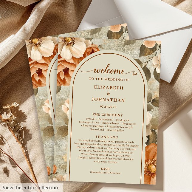Stilfull Boho Rostig Elfenbensgrön Floral Bröllops Program (Stylish Boho Rusty Ivory Sage Floral Wedding Program)