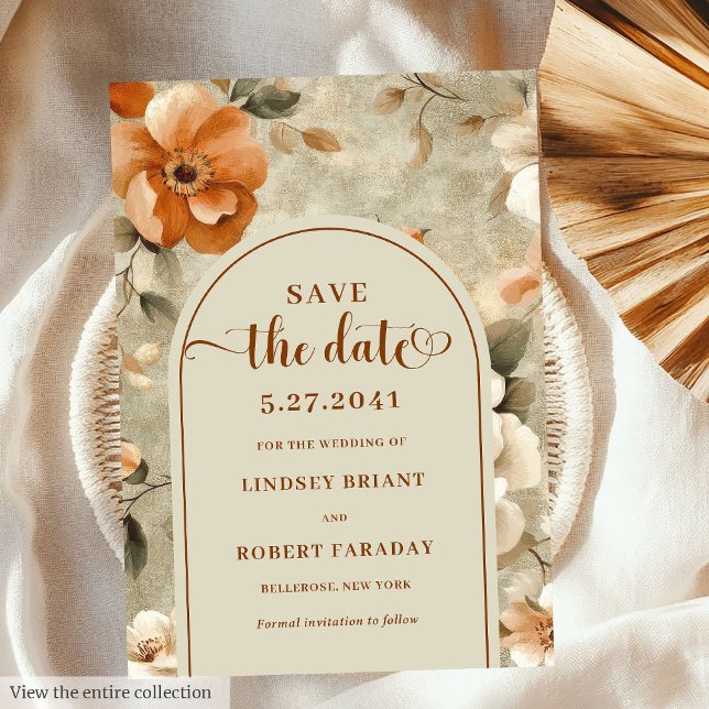 Stilfull Boho Terrakotta Elfenben Blommig Spara Da Inbjudningar (Stylish Boho Terracotta Ivory Floral Save The Date)