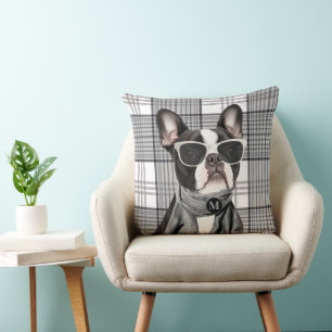 Stilfull Boston Terrier hund och rutig monogram Kudde