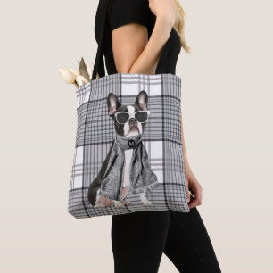 Stilfull Boston Terrier Hund och Rutig Monogram Tygkasse
