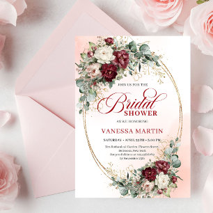 Stilfull bröllopsfest med röda blommor och eukalyp inbjudningar