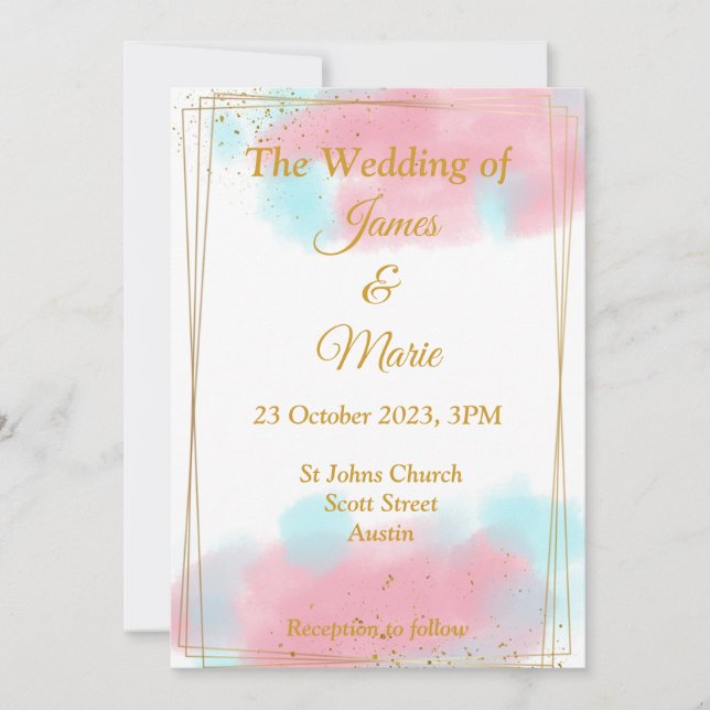 Stilfull bröllopsinbjudan, rosa, akvarellblå  inbjudningar (Framsida)