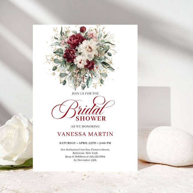 Stilfull burgunderfärgad botanisk bröllopsfestinbj inbjudningar (Stylish Burgundy Botanical Bridal Shower Invitation)