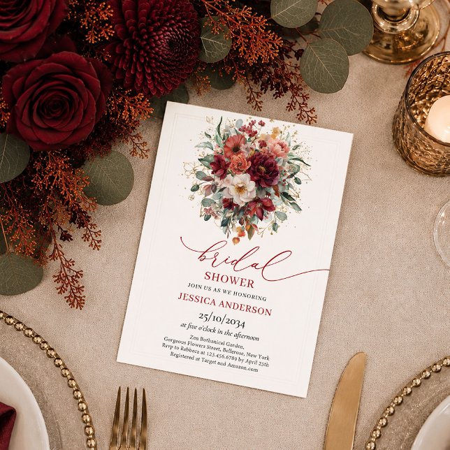 Stilfull burgundergul blomstergud bröllopsfest  inbjudningar (Stylish Burgundy Gold Floral deep red bridal shower invitation

)